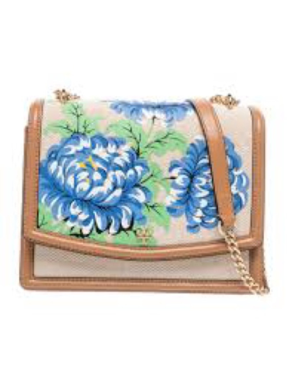 Tory Burch Like New Blue Floral Canvas Crossbody with Tan Trim and Gold Chain